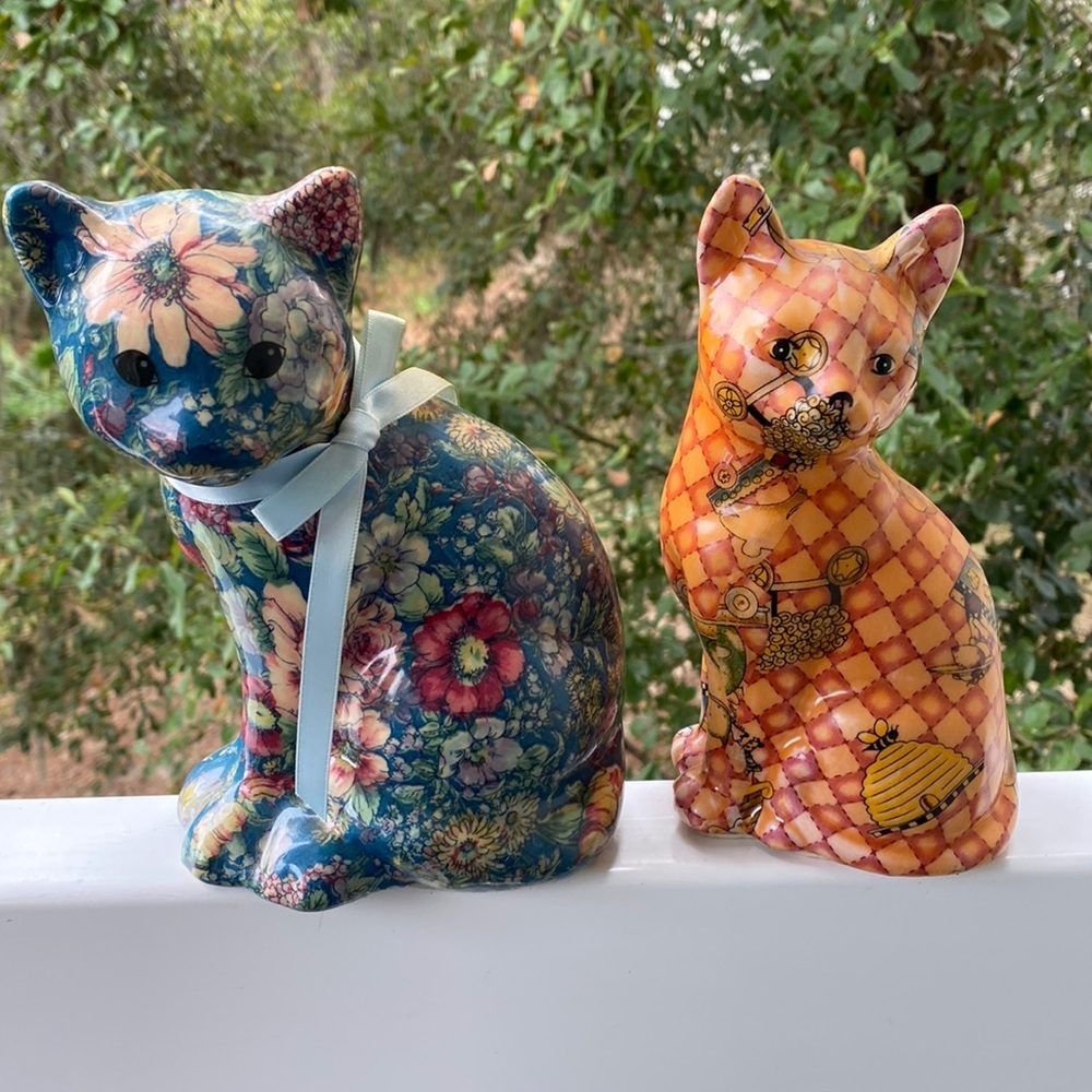 Ceramic Paper Mache Look Cat Figurine Blue & Green Floral or Orange Pink